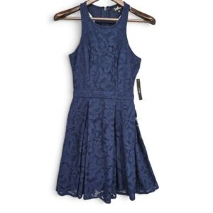 Lulus Daisy Date Navy Blue Lace Skater Dress XS NWT Fit Flare Racerback
